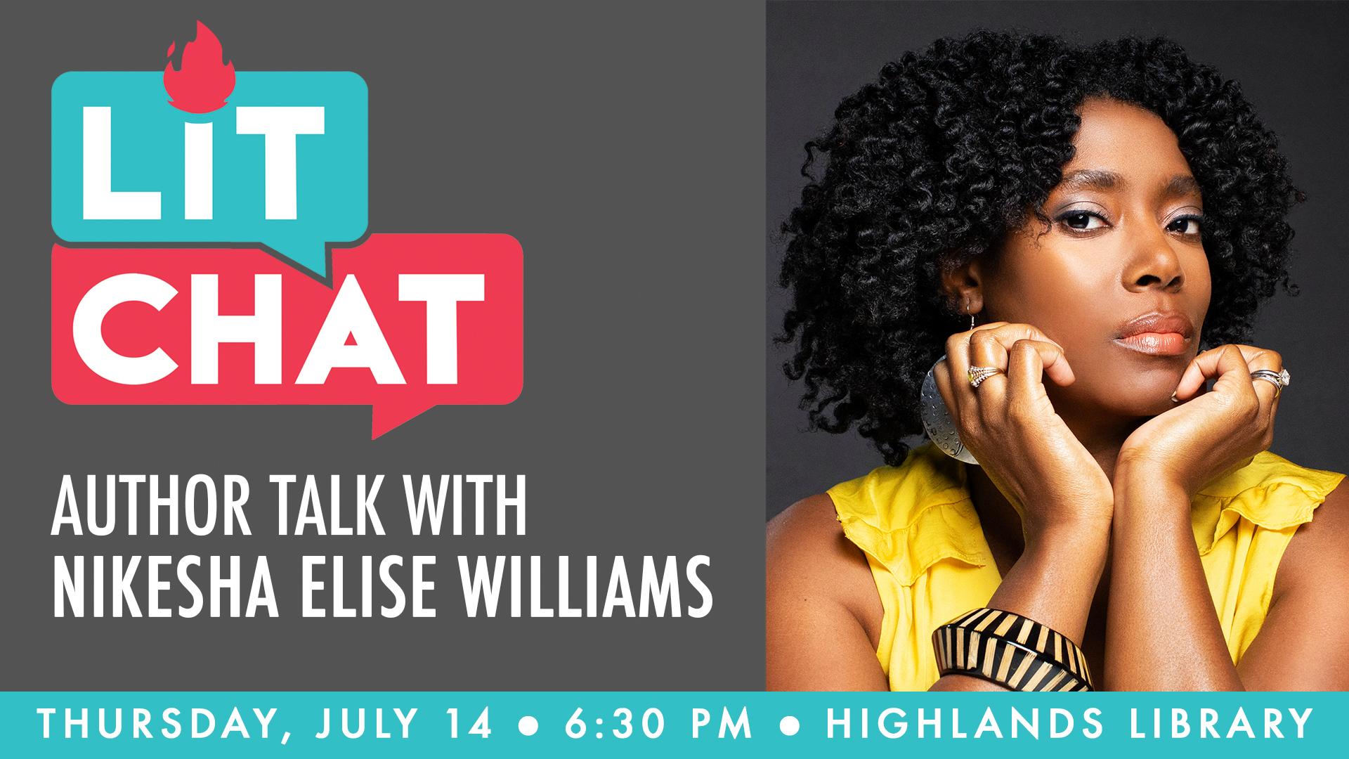 Lit Chat with Nikesha Elise Williams, Thursday, July 14, at 6:30 pm