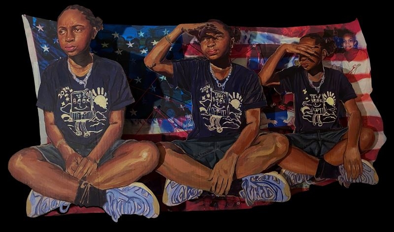 Student artwork. Painting featured a young black girl, in three poses, sitting in front of an American flag.