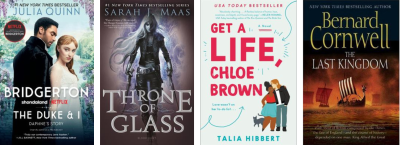 Book covers for The Duke and I, Throne of Glass, Get a Life Chloe Brown and the Last Kingdom