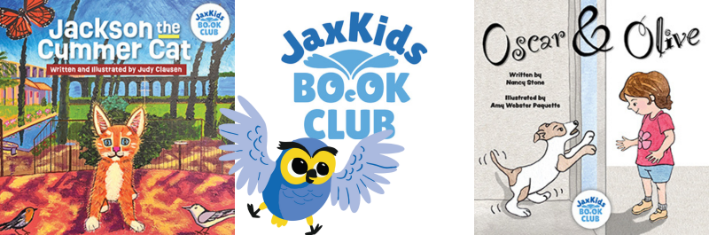 Book covers for Jackson the Cummer Cat and Oscar & Olive along with the logo and mascot for Jax Kids Book Club