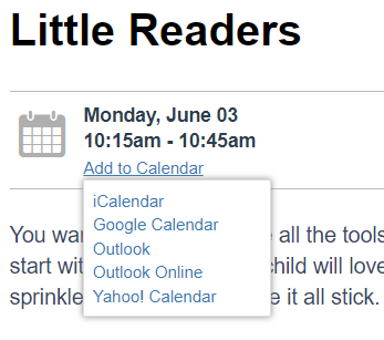 Screenshot of a Little Readers event in the library's event calendar