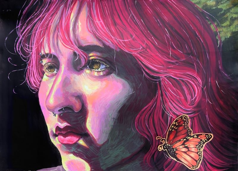 Student artwork. Painting features a closeup portrait of a young girl and a butterfly.