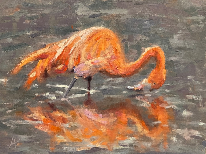 Painting of a flamingo staring at its reflection in the water